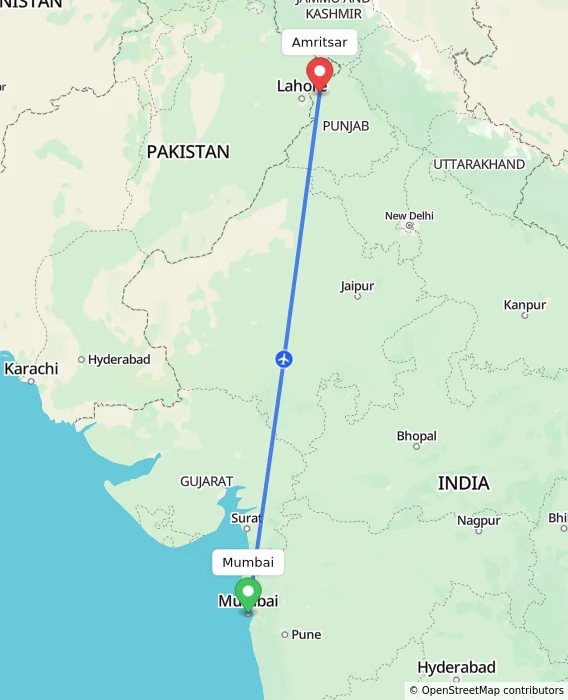 Route map showing distance and travel time from Mumbai, India to Amritsar, India