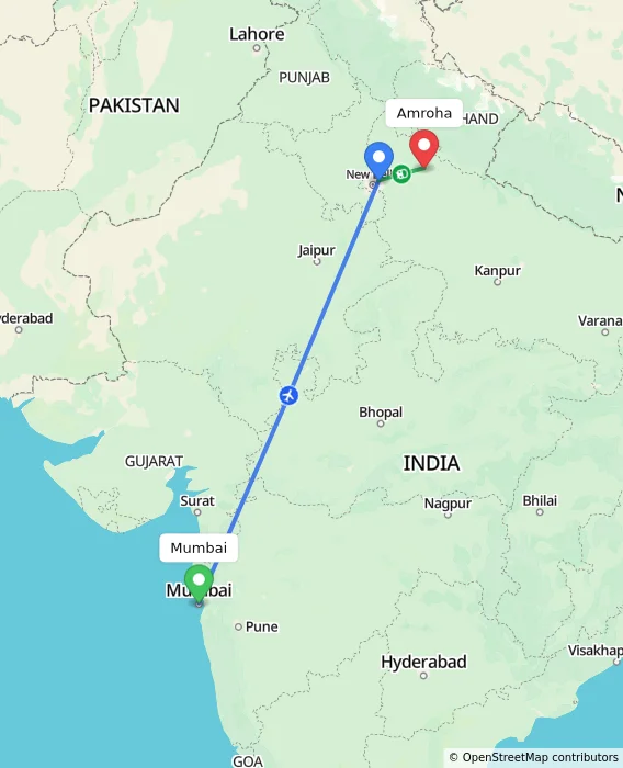 Route map showing distance and travel time from Mumbai, India to Amroha, India