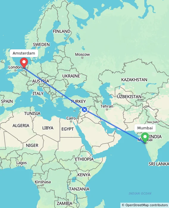 Route map showing distance and travel time from Mumbai, India to Amsterdam, Netherlands