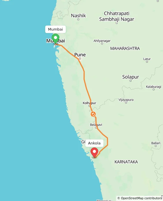 Route map showing distance and travel time from Mumbai, India to Ankola, India