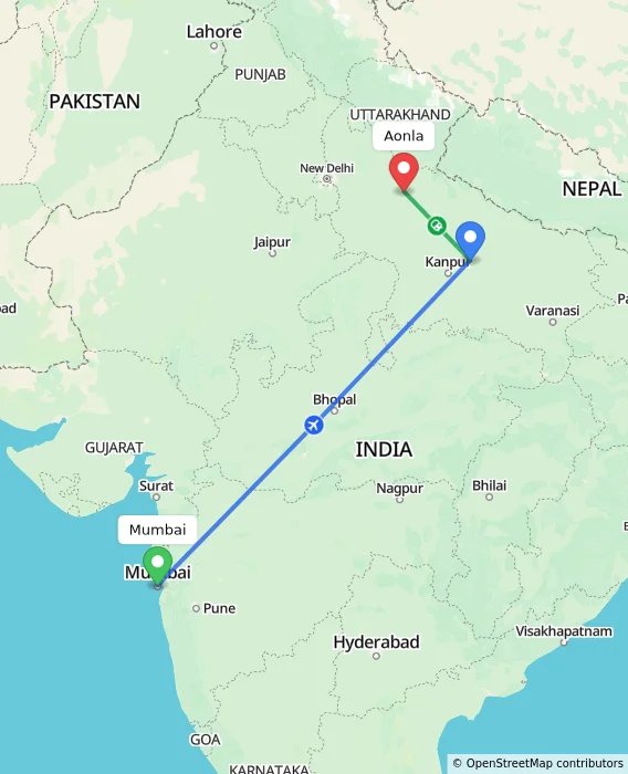 Route map showing distance and travel time from Mumbai, India to Aonla, India