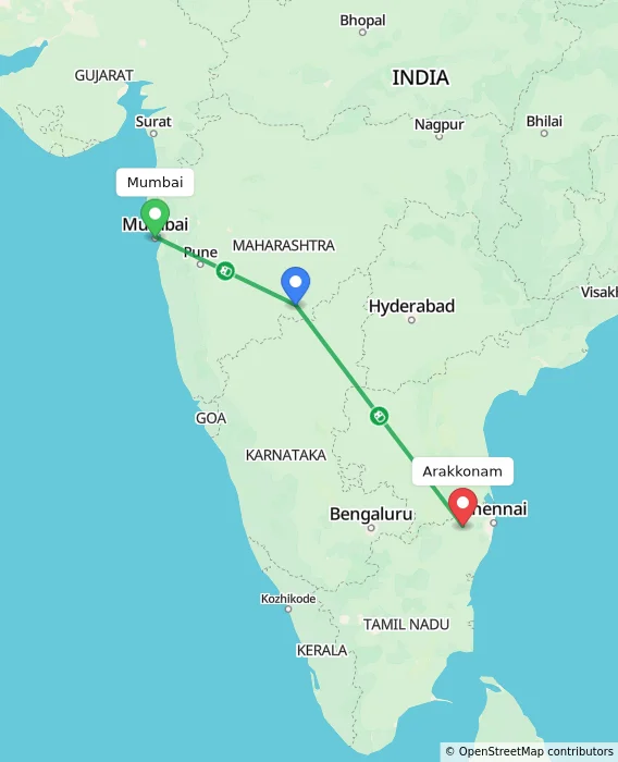 Route map showing distance and travel time from Mumbai, India to Arakkonam, India