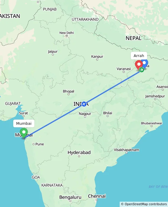 Route map showing distance and travel time from Mumbai, India to Arrah, India