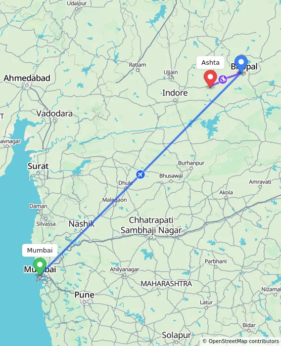 Route map showing distance and travel time from Mumbai, India to Ashta, India