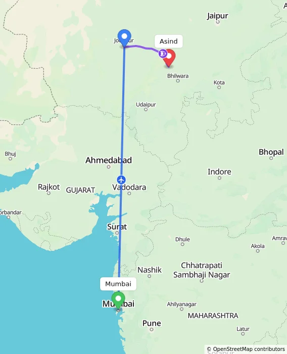 Route map showing distance and travel time from Mumbai, India to Asind, India