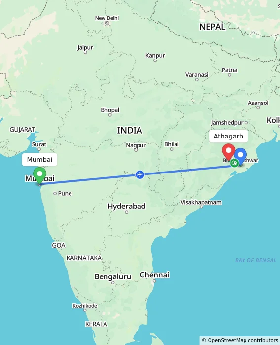 Route map showing distance and travel time from Mumbai, India to Athagarh, India