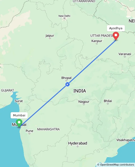 Route map showing distance and travel time from Mumbai, India to Ayodhya, India