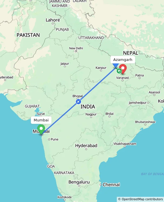 Route map showing distance and travel time from Mumbai, India to Azamgarh, India