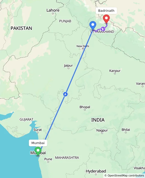 Route map showing distance and travel time from Mumbai, India to Badrinath, India