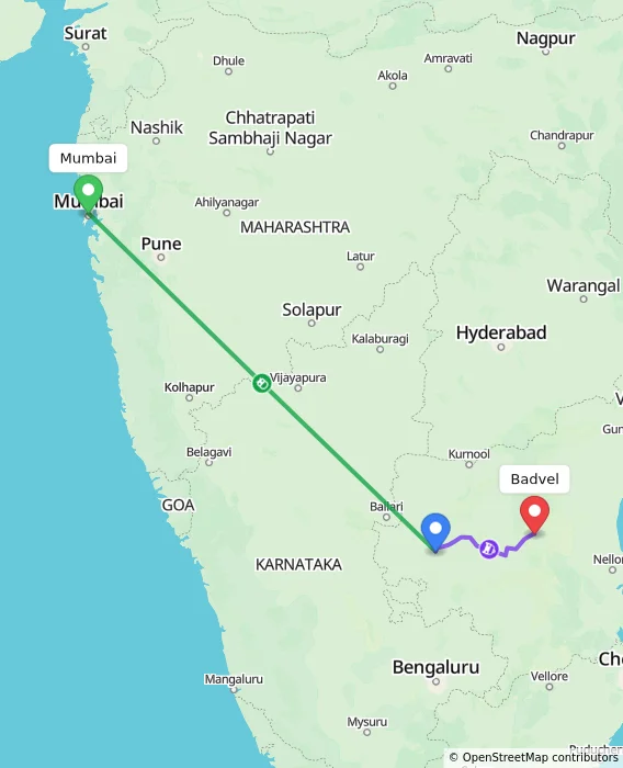 Route map showing distance and travel time from Mumbai, India to Badvel, India