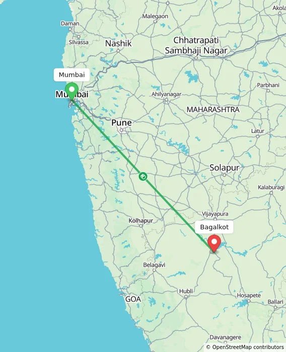 Route map showing distance and travel time from Mumbai, India to Bagalkot, India