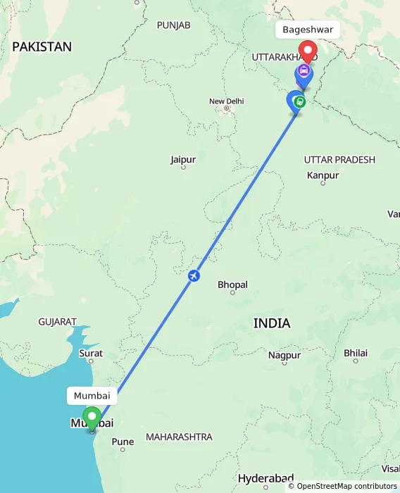 Route map showing distance and travel time from Mumbai, India to Bageshwar, India