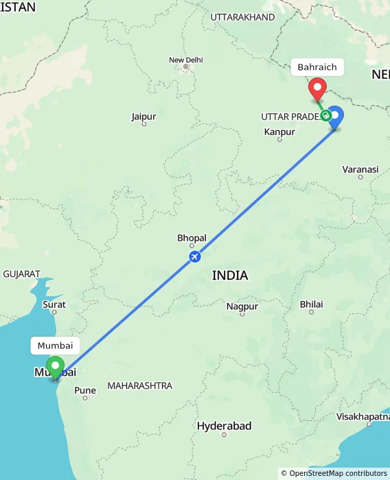Route map showing distance and travel time from Mumbai, India to Bahraich, India