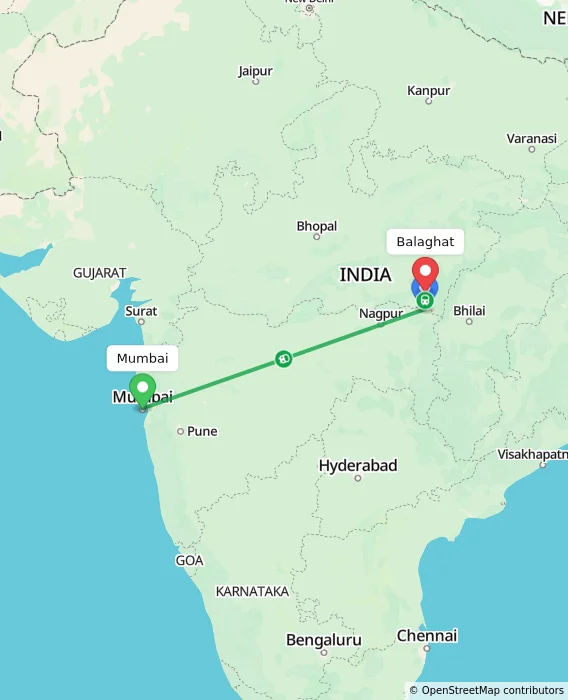 Route map showing distance and travel time from Mumbai, India to Balaghat, India