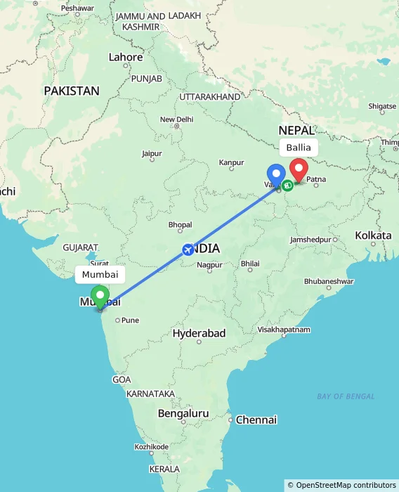 Route map showing distance and travel time from Mumbai, India to Ballia, India