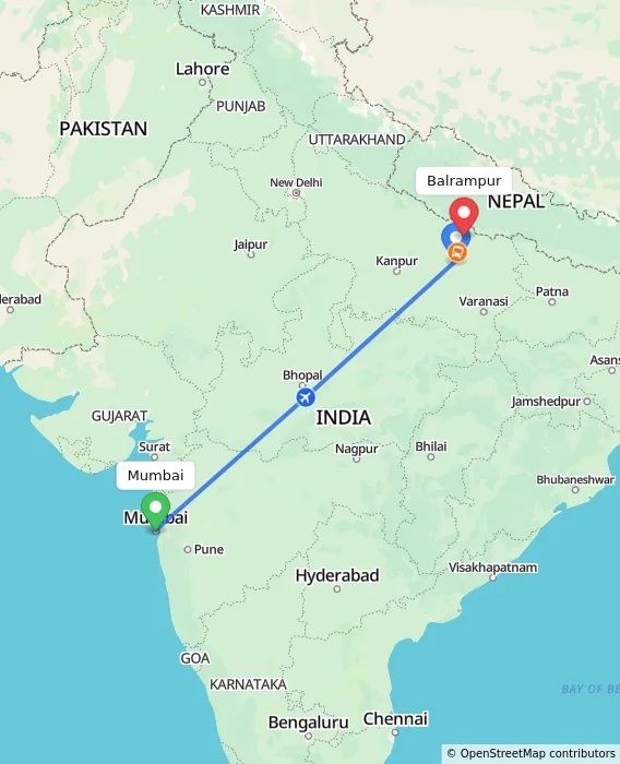 Route map showing distance and travel time from Mumbai, India to Balrampur, India