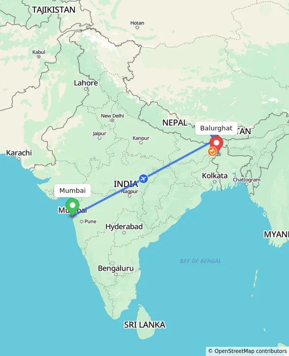 Route map showing distance and travel time from Mumbai, India to Balurghat, India