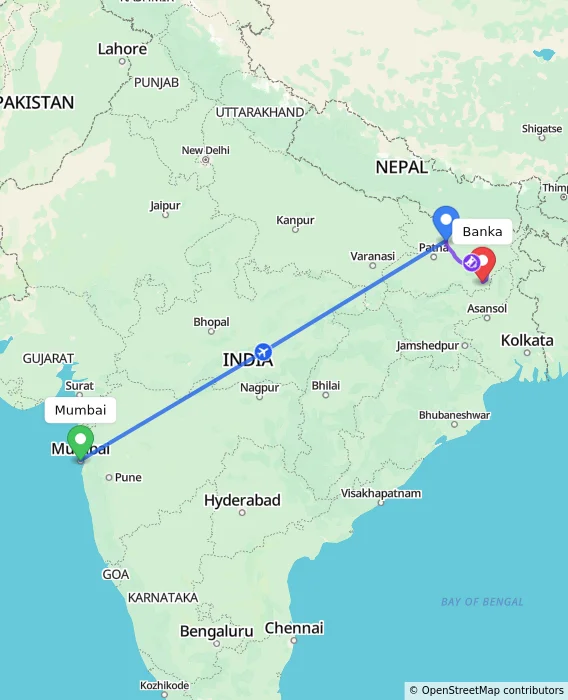 Route map showing distance and travel time from Mumbai, India to Banka, India