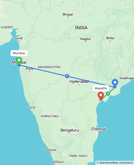 Route map showing distance and travel time from Mumbai, India to Bapatla, India
