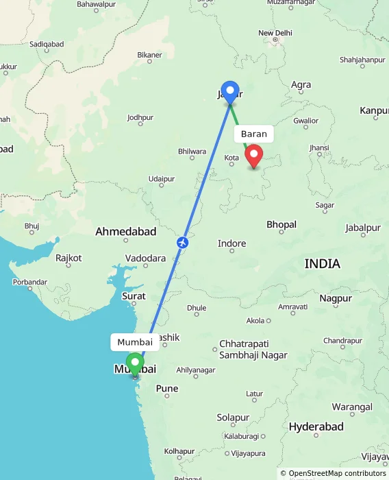 Route map showing distance and travel time from Mumbai, India to Baran, India