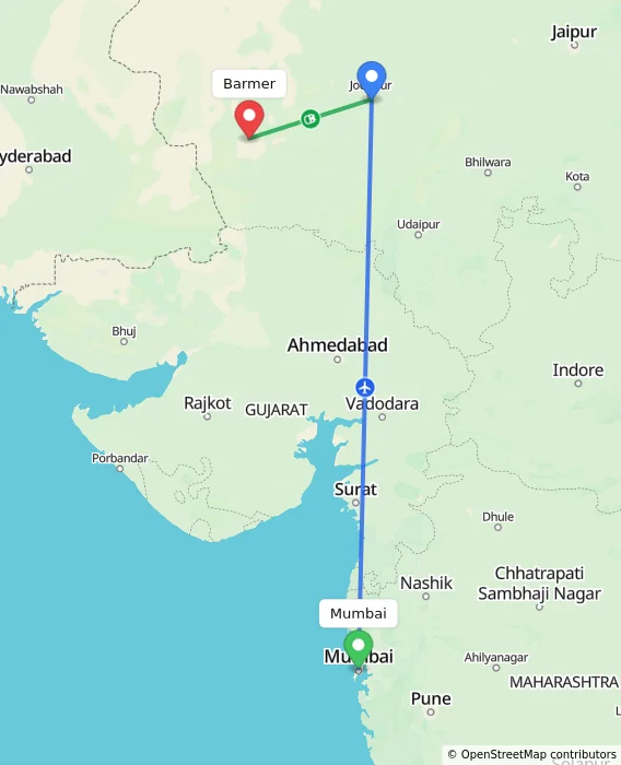 Route map showing distance and travel time from Mumbai, India to Barmer, India