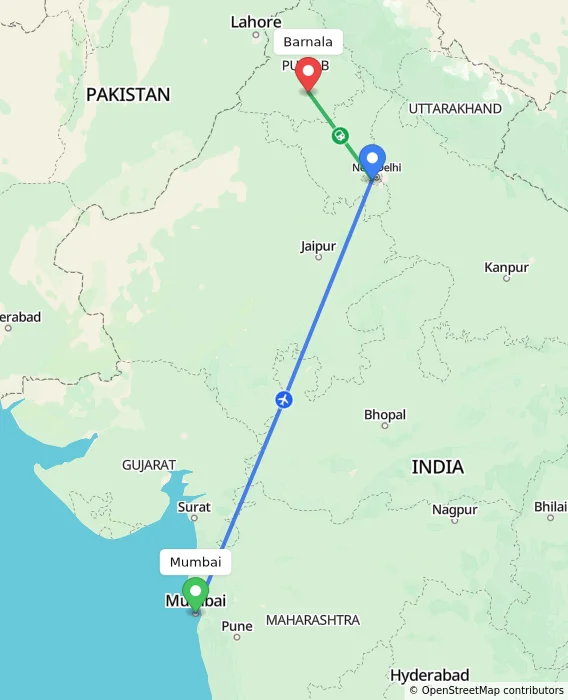 Route map showing distance and travel time from Mumbai, India to Barnala, India