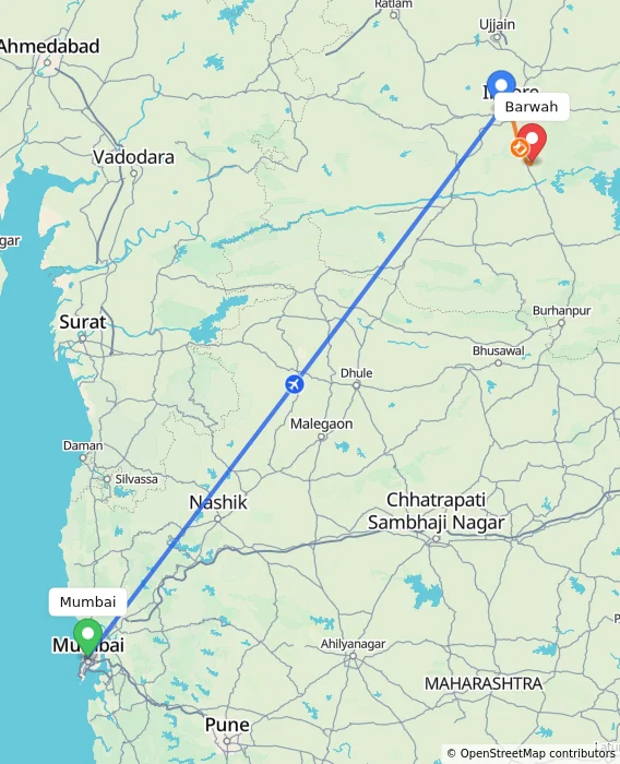 Route map showing distance and travel time from Mumbai, India to Barwah, India