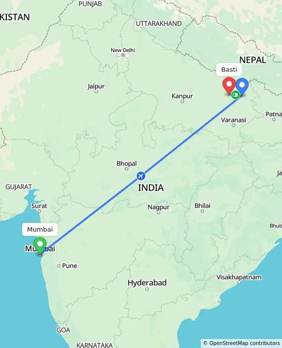 Route map showing distance and travel time from Mumbai, India to Basti, India