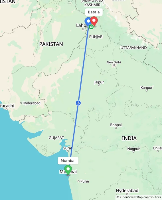 Route map showing distance and travel time from Mumbai, India to Batala, India