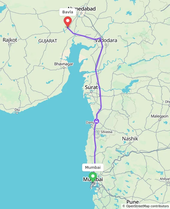 Route map showing distance and travel time from Mumbai, India to Bavla, India