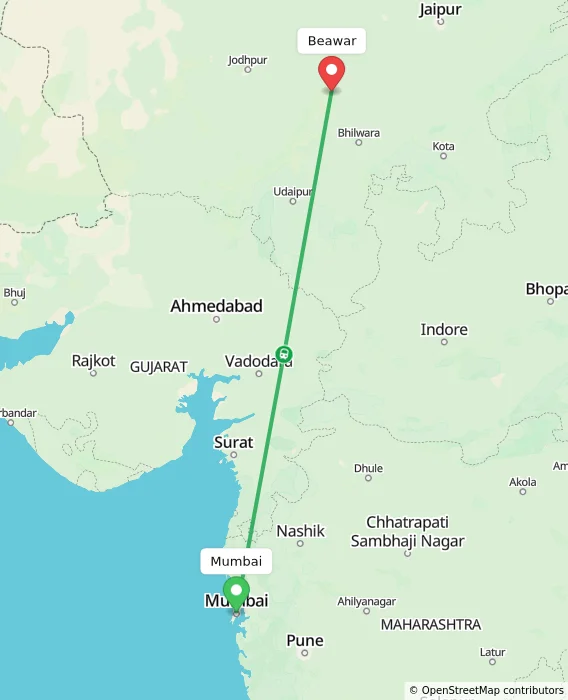 Route map showing distance and travel time from Mumbai, India to Beawar, India