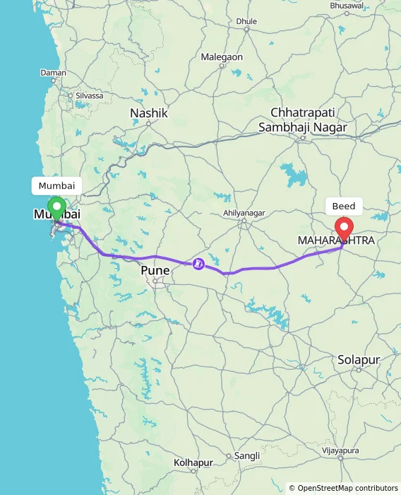 Route map showing distance and travel time from Mumbai, India to Beed, India
