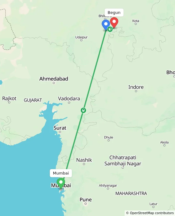 Route map showing distance and travel time from Mumbai, India to Begun, India