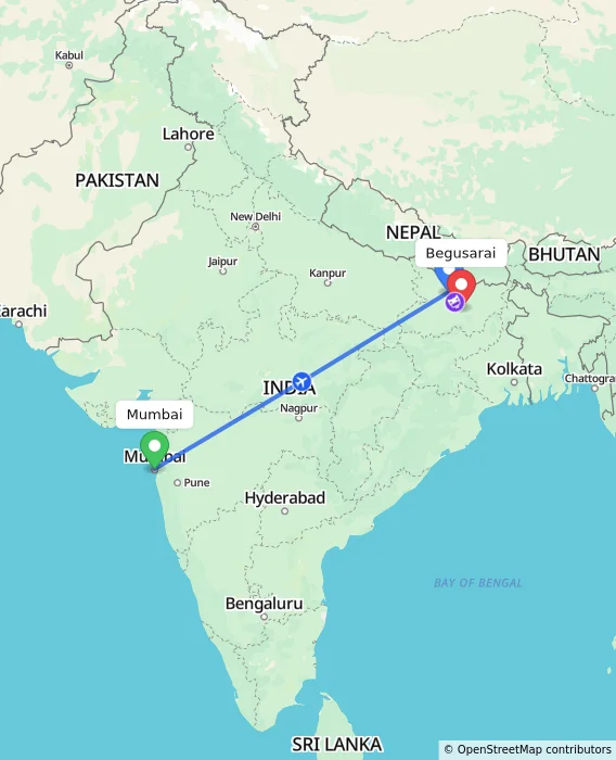 Route map showing distance and travel time from Mumbai, India to Begusarai, India
