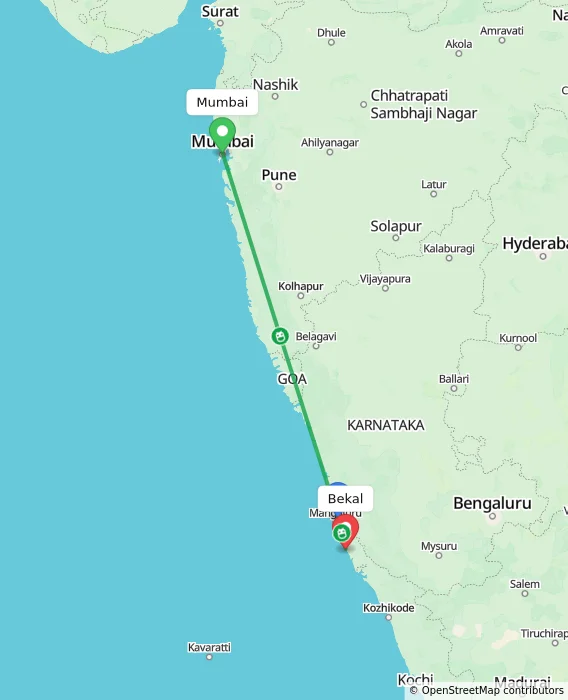Route map showing distance and travel time from Mumbai, India to Bekal, India