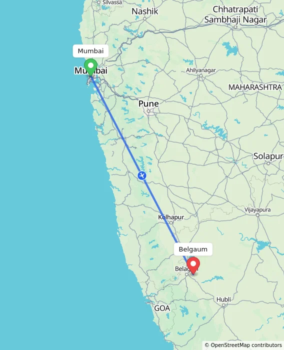 Route map showing distance and travel time from Mumbai, India to Belgaum, India