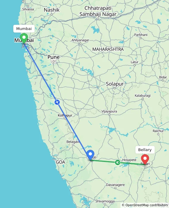 Route map showing distance and travel time from Mumbai, India to Bellary, India