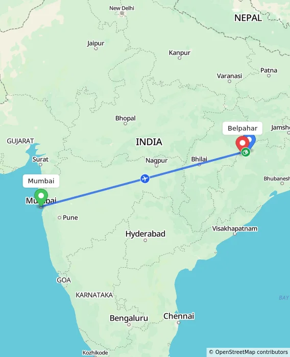 Route map showing distance and travel time from Mumbai, India to Belpahar, India