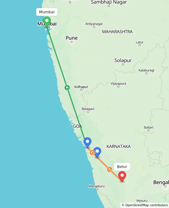 Route map showing distance and travel time from Mumbai, India to Belur, India