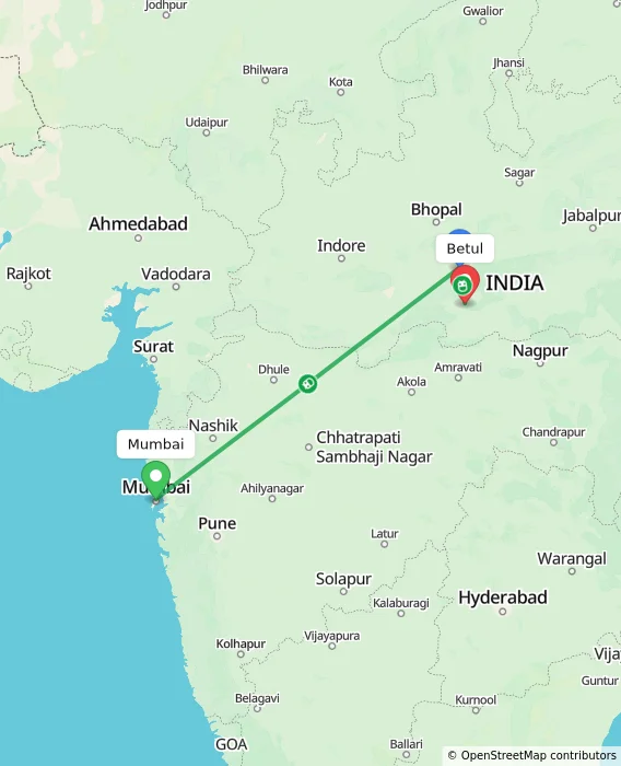 Route map showing distance and travel time from Mumbai, India to Betul, India