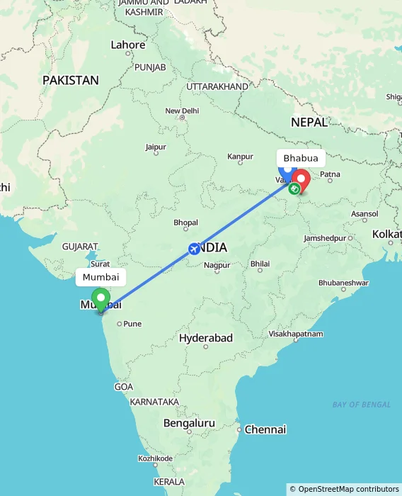 Route map showing distance and travel time from Mumbai, India to Bhabua, India