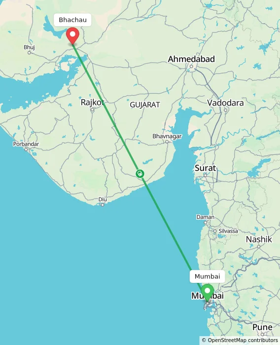 Route map showing distance and travel time from Mumbai, India to Bhachau, India