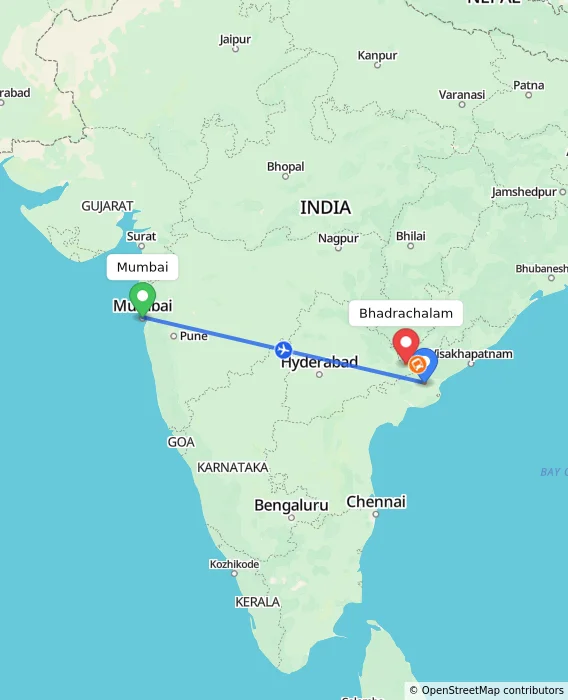 Route map showing distance and travel time from Mumbai, India to Bhadrachalam, India