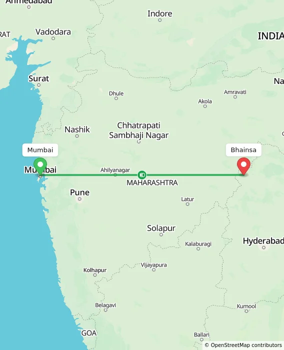 Route map showing distance and travel time from Mumbai, India to Bhainsa, India