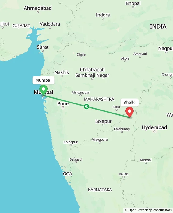 Route map showing distance and travel time from Mumbai, India to Bhalki, India