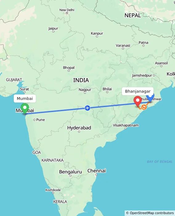 Route map showing distance and travel time from Mumbai, India to Bhanjanagar, India