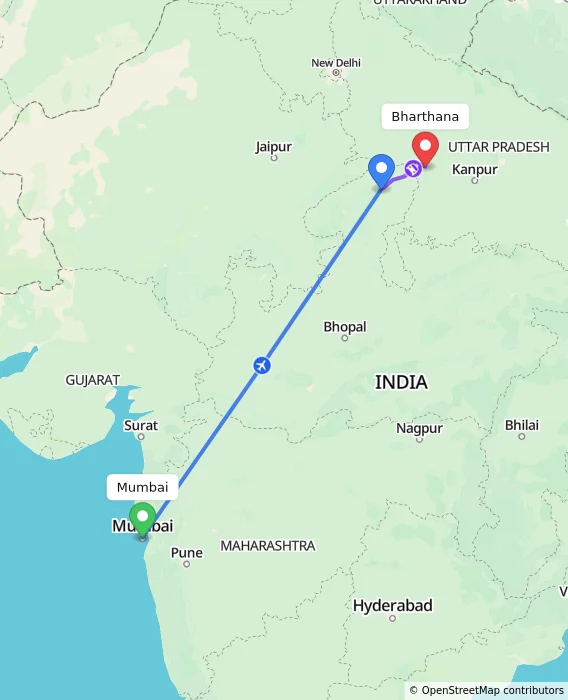 Route map showing distance and travel time from Mumbai, India to Bharthana, India