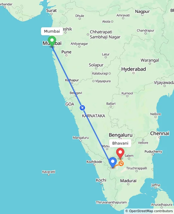 Route map showing distance and travel time from Mumbai, India to Bhavani, India