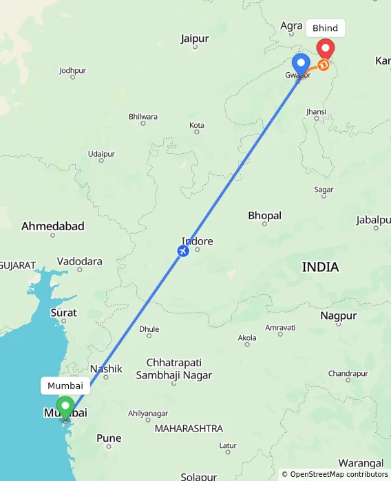 Route map showing distance and travel time from Mumbai, India to Bhind, India
