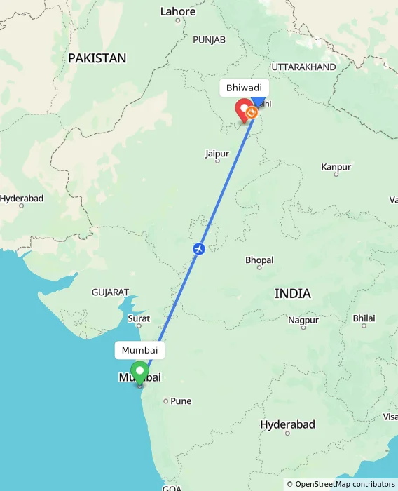 Route map showing distance and travel time from Mumbai, India to Bhiwadi, India